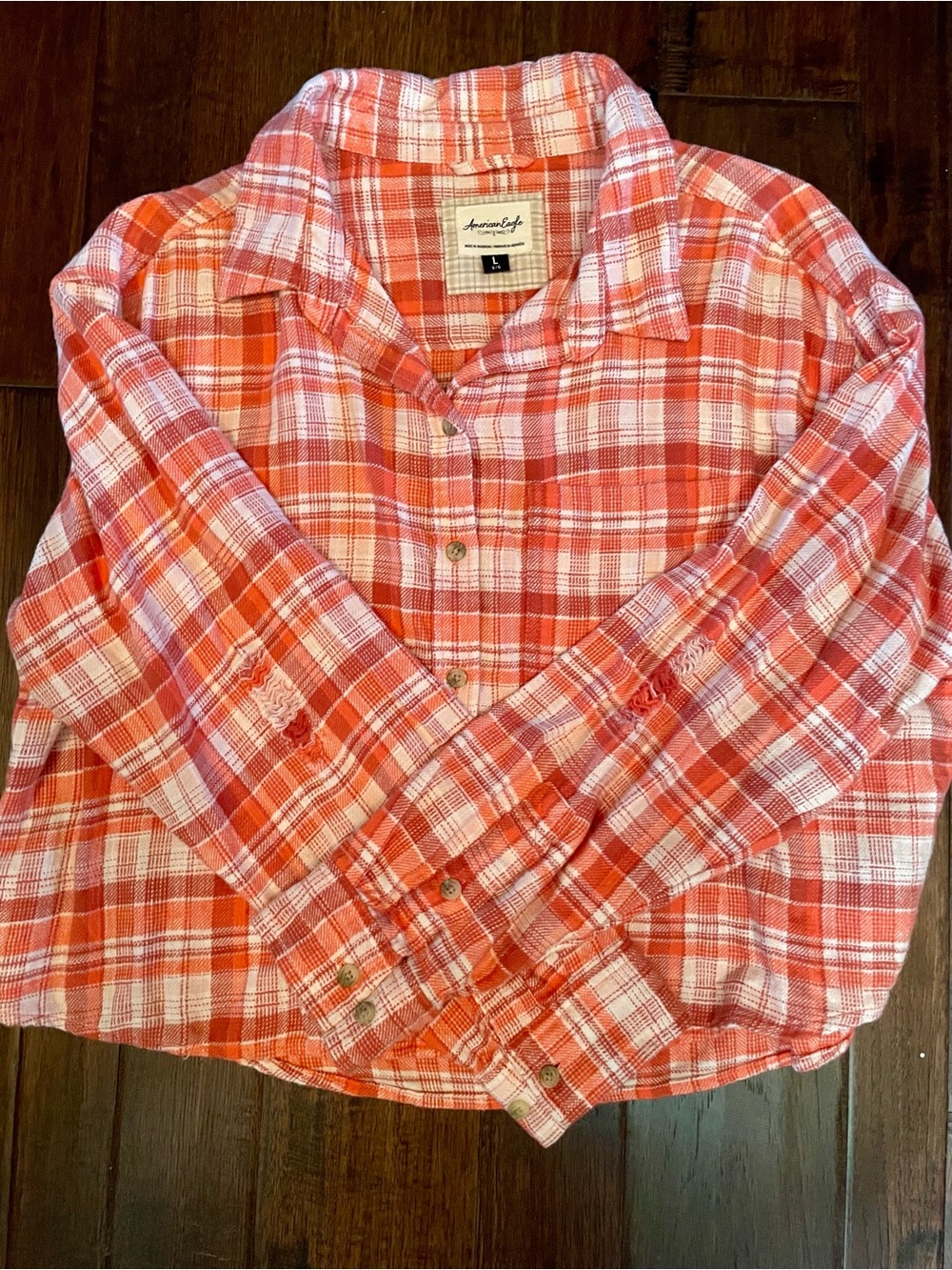 American Eagle Outfitters Pink White and Tan Plaid Button-Down Shirt